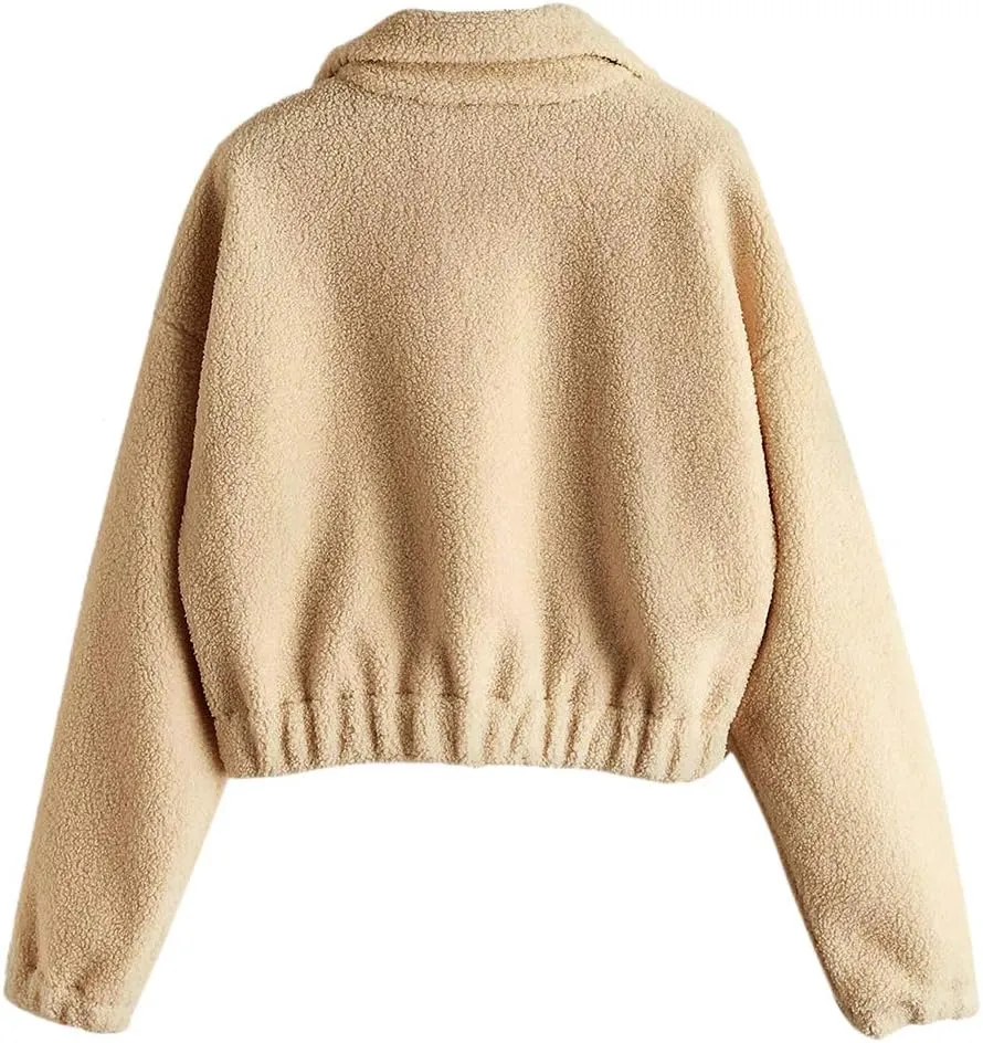 ZAFUL Women's Faux Fur Pullover Half Zip Long Sleeve Crop Sweatshirt Tops