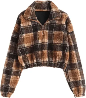 ZAFUL Women's Faux Fur Pullover Half Zip Long Sleeve Crop Sweatshirt Tops