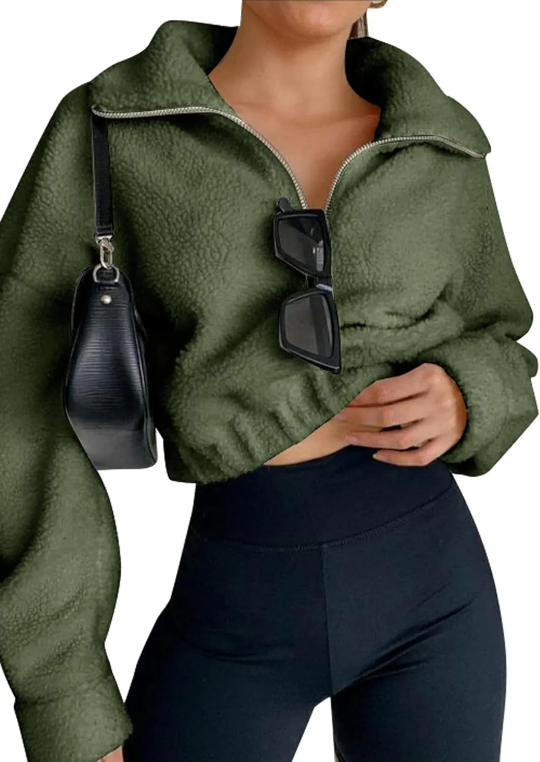 ZAFUL Women's Faux Fur Pullover Half Zip Long Sleeve Crop Sweatshirt Tops