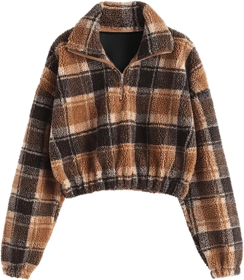 ZAFUL Women's Faux Fur Pullover Half Zip Long Sleeve Crop Sweatshirt Tops