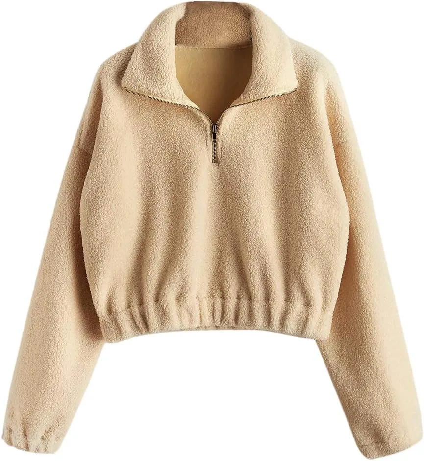 ZAFUL Women's Faux Fur Pullover Half Zip Long Sleeve Crop Sweatshirt Tops