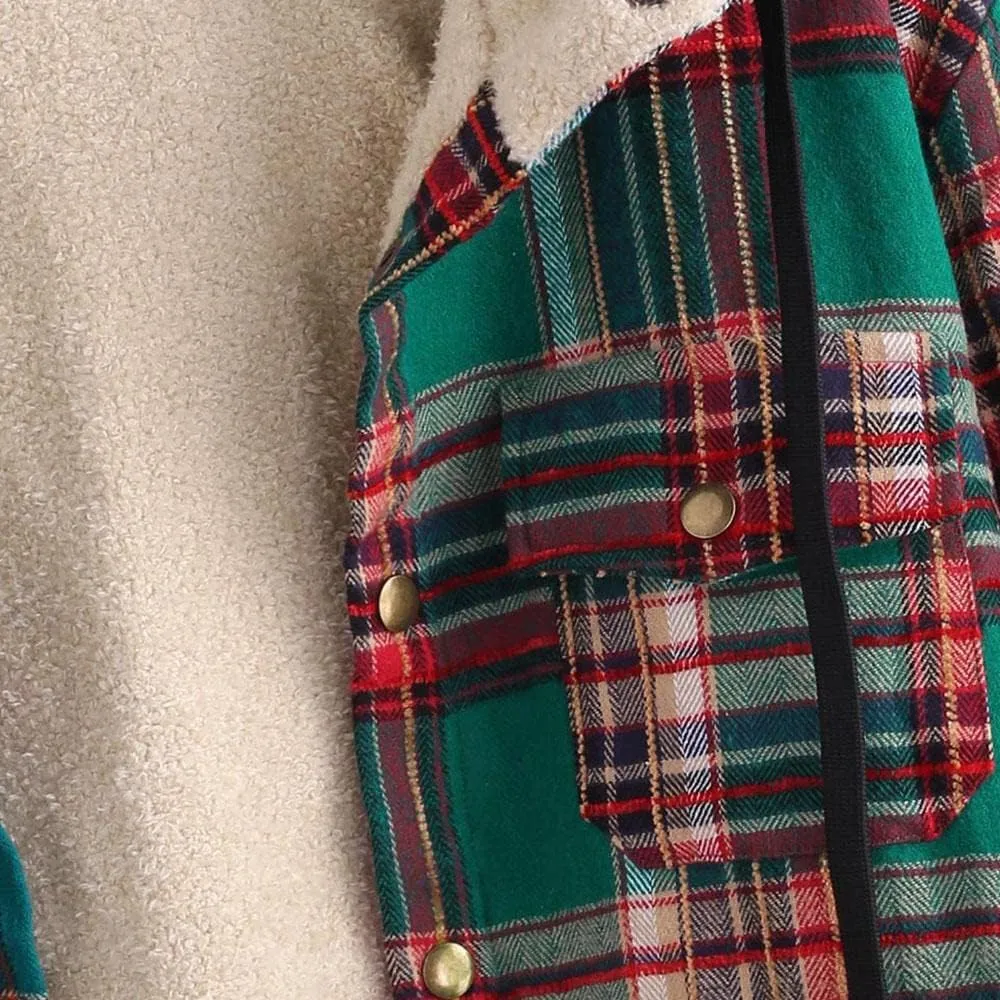 ZAFUL Women's Plaid Fleece Lined Hooded Jacket Button Up Oversized Fuzzy Coat Checkered Flannel Hoodie Jacket