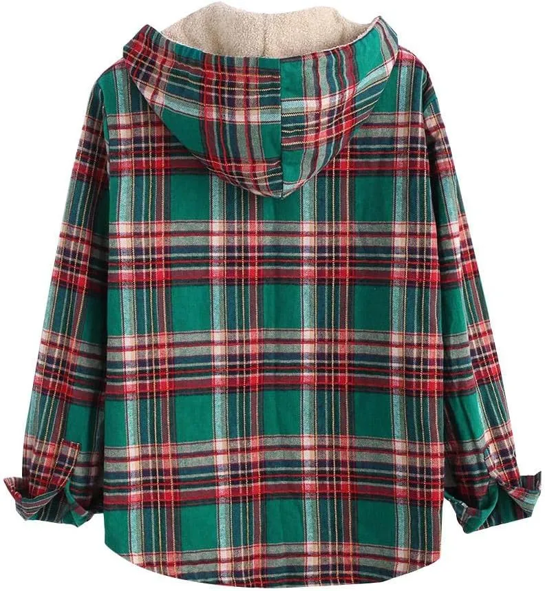 ZAFUL Women's Plaid Fleece Lined Hooded Jacket Button Up Oversized Fuzzy Coat Checkered Flannel Hoodie Jacket