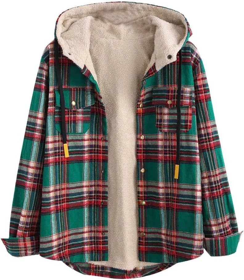ZAFUL Women's Plaid Fleece Lined Hooded Jacket Button Up Oversized Fuzzy Coat Checkered Flannel Hoodie Jacket
