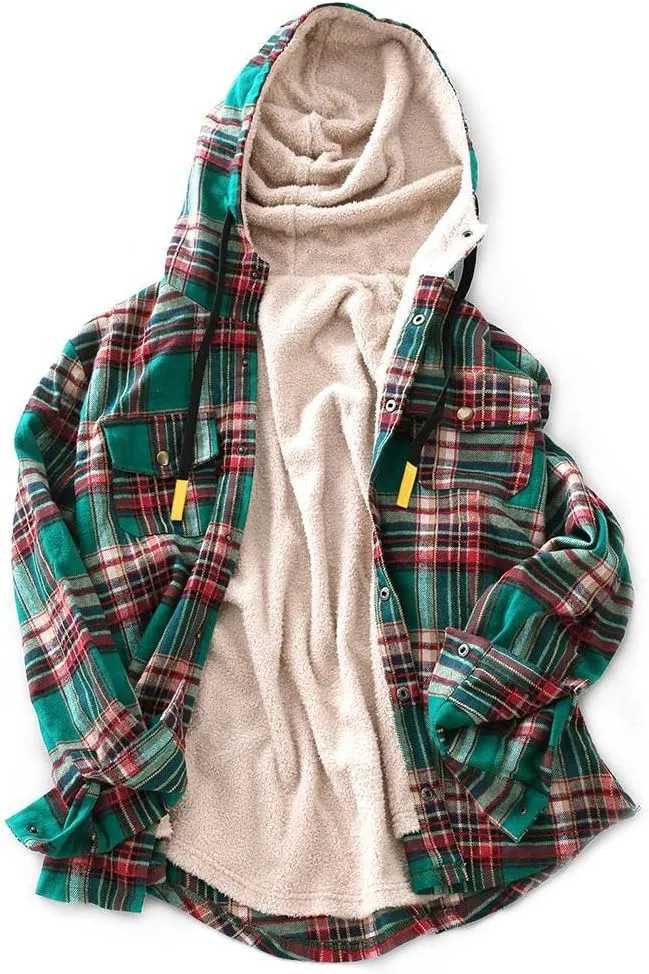 ZAFUL Women's Plaid Fleece Lined Hooded Jacket Button Up Oversized Fuzzy Coat Checkered Flannel Hoodie Jacket