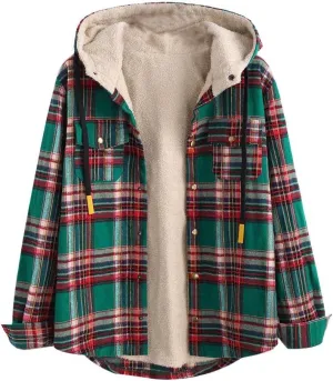 ZAFUL Women's Plaid Fleece Lined Hooded Jacket Button Up Oversized Fuzzy Coat Checkered Flannel Hoodie Jacket