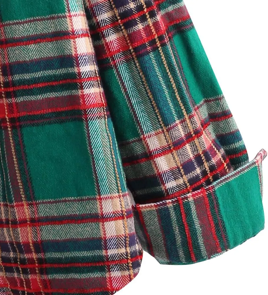 ZAFUL Women's Plaid Fleece Lined Hooded Jacket Button Up Oversized Fuzzy Coat Checkered Flannel Hoodie Jacket