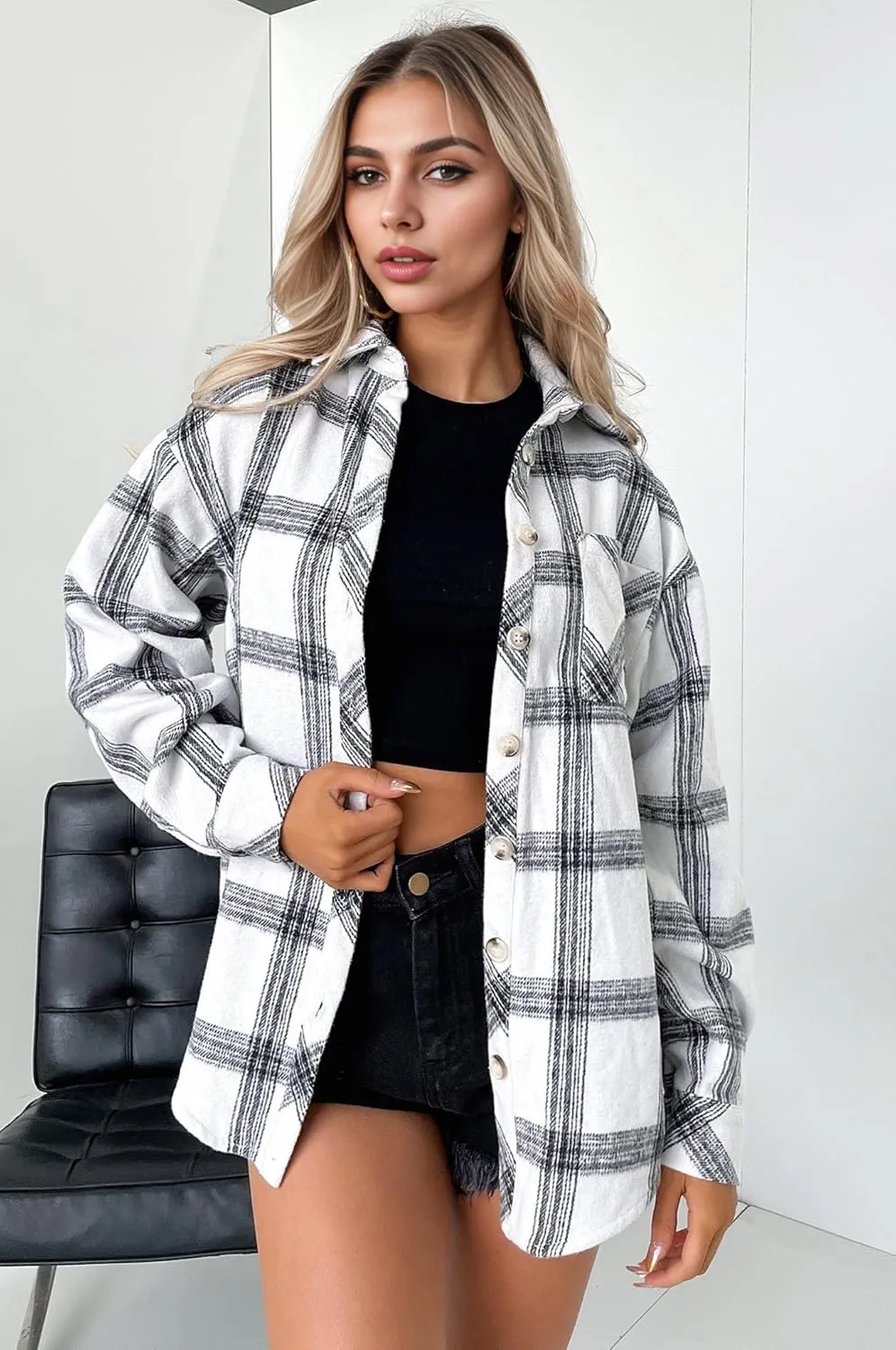 Zeagoo Women Flannel Shacket Jacket Plaid Button Down Long Sleeve Shirt Fall Outfits 2024