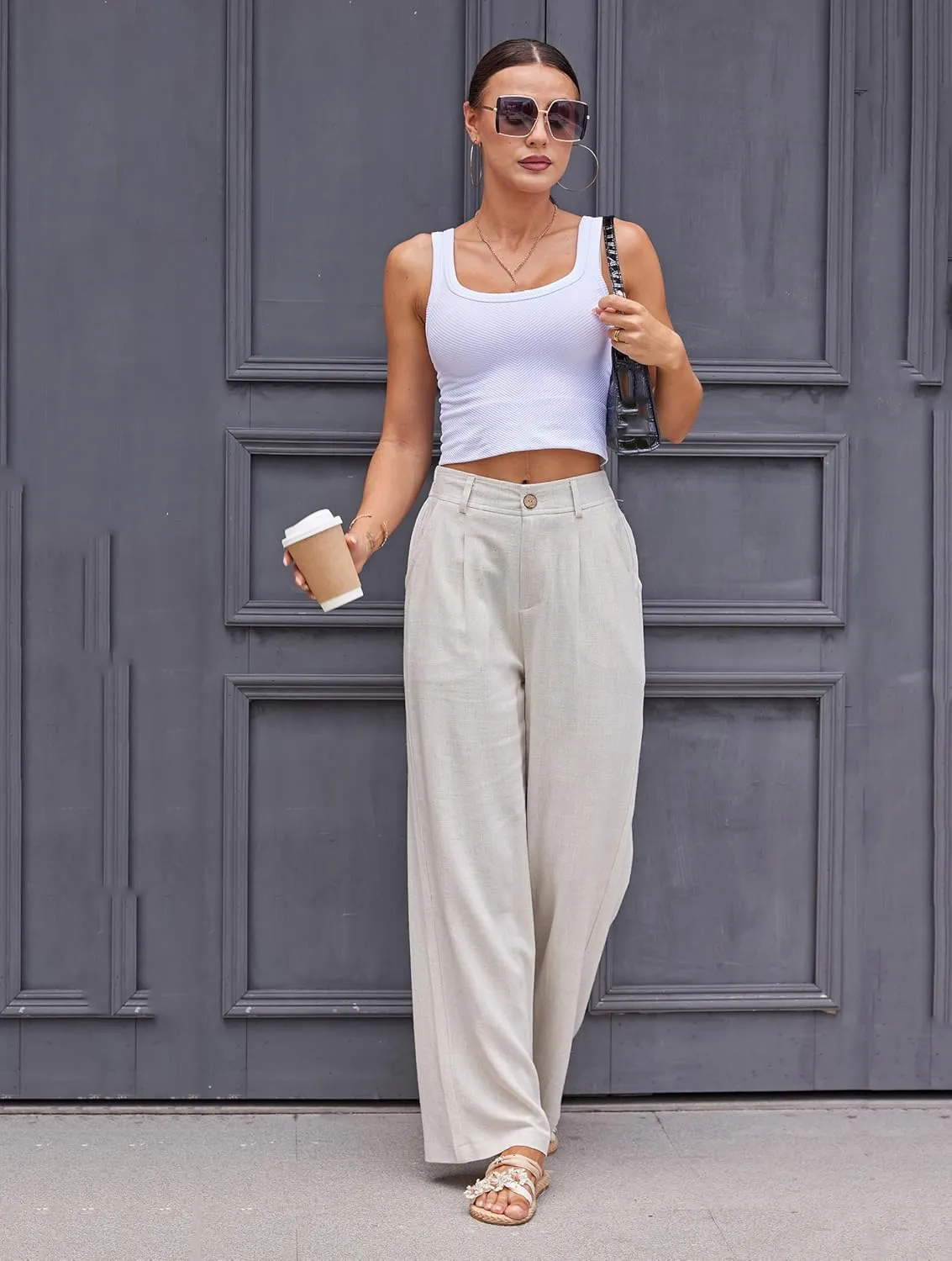 zsangbee Womens Linen Pants Summer Dressy Beach Wide Leg Linen Trouser Work Business Casual Slacks